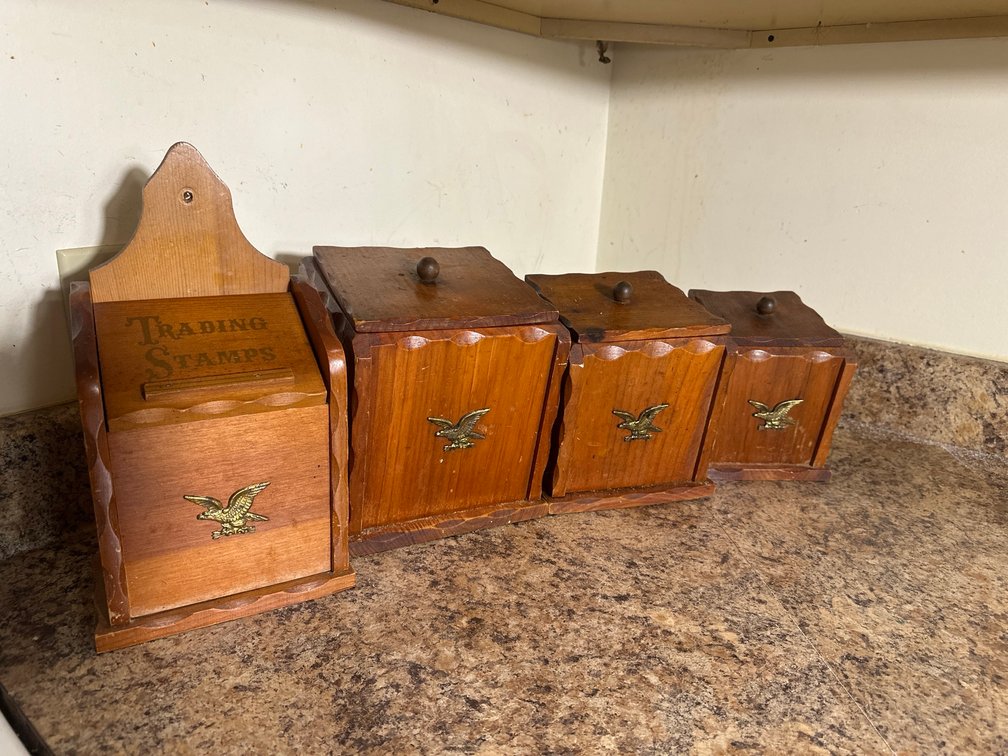 4 Wooden Kitchen Canisters with Trading Stamp Box