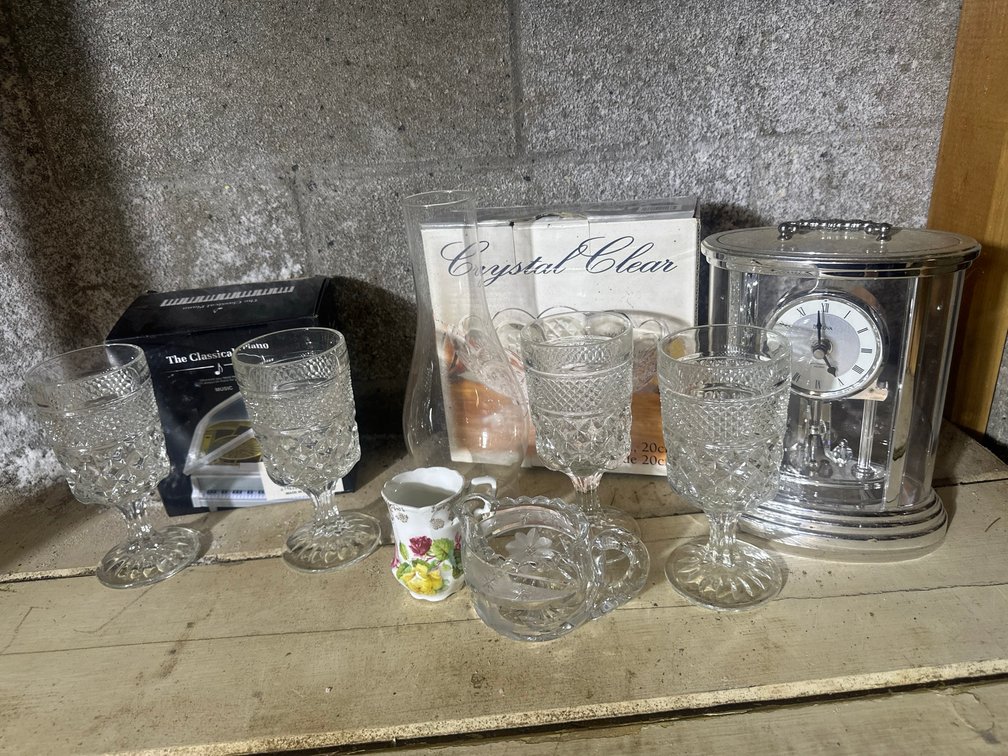 Lot: Bulova Clock, Glassware, Music CD