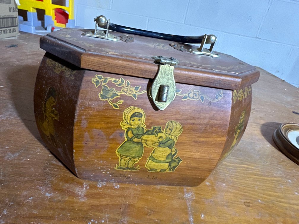 Wooden Decoupage Box W/ Handle 1974, Lined