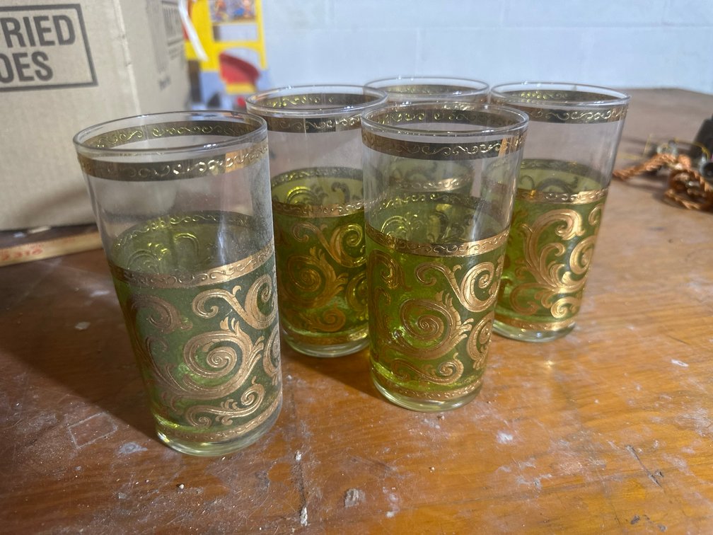 Six Green Gold Swirl Glass Tumblers