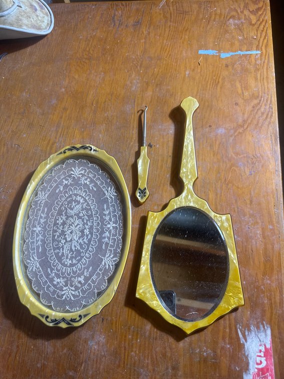 3-Piece Yellow Marbled Vanity Set Mirror Tray