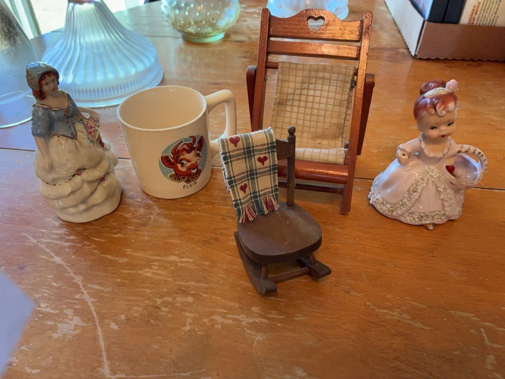 Porcelain Figurines, Child's Mug, Miniature Chairs