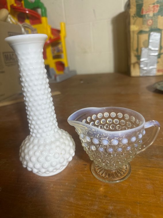 Hobnail Milk Glass Vase & Opalescent Creamer