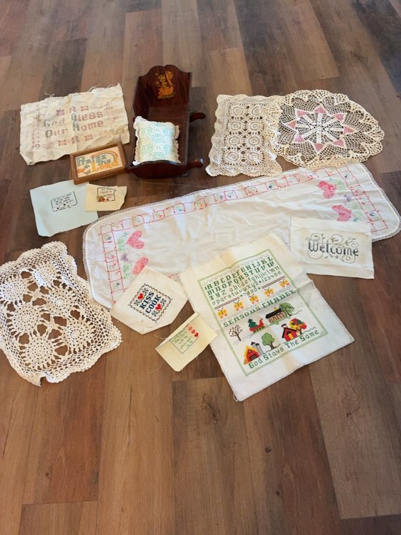 Linens, Samplers, and Wooden Doll Cradle