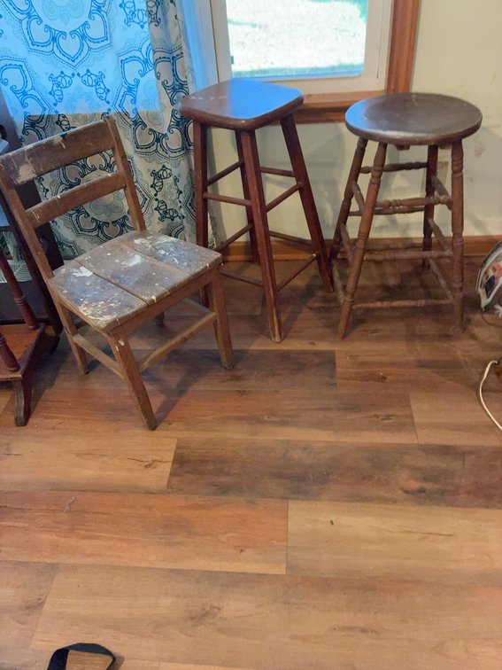 Wooden Chair and Two Wooden Bar Stools