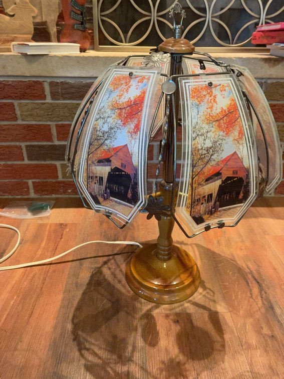Electric Lamp With Covered Bridge Shade Panels