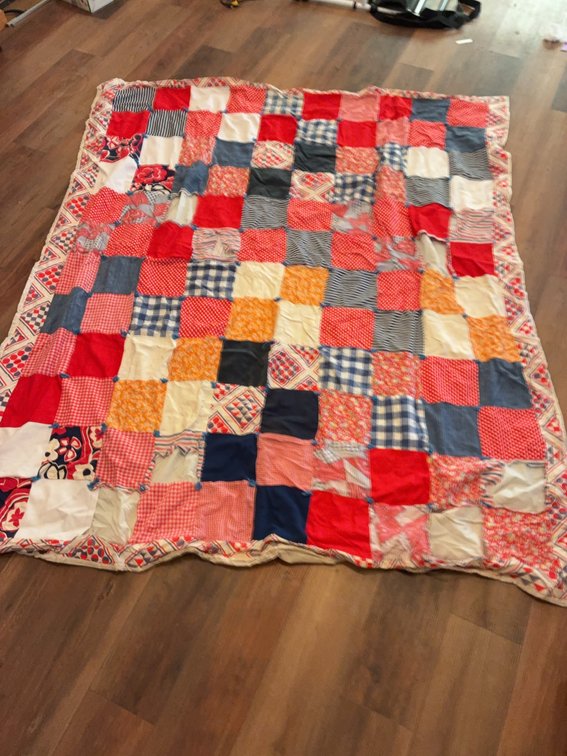Patchwork Quilt, Red Blue White, 69 x 84 Inches