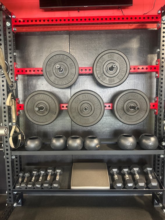 Sorinex Weight Plates, Dumbbells, Kettlebell Grips, and Storage Rack