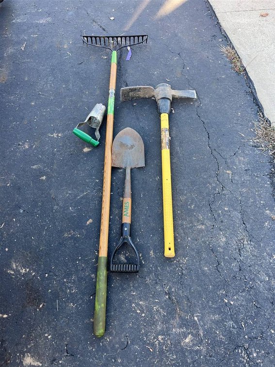 Garden Tool Lot: Rake, Shovel, Pickaxe, Planter
