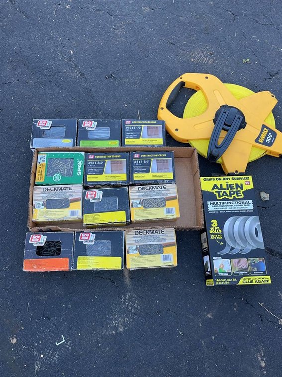 Construction Supplies: Screws, Alien Tape, DeWalt Reel