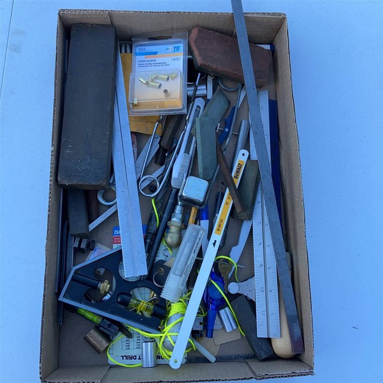 Box of Measuring Tools and Hand Tools