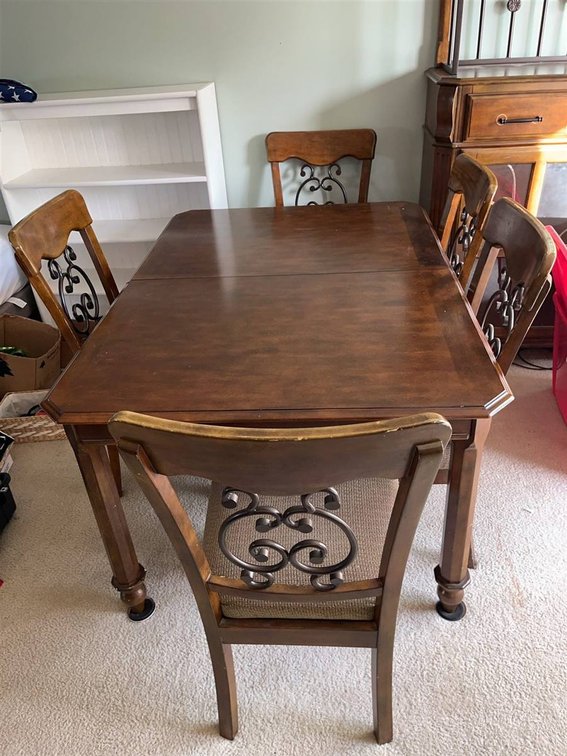 Wood Dining Table, Five Chairs, One Leaf Included