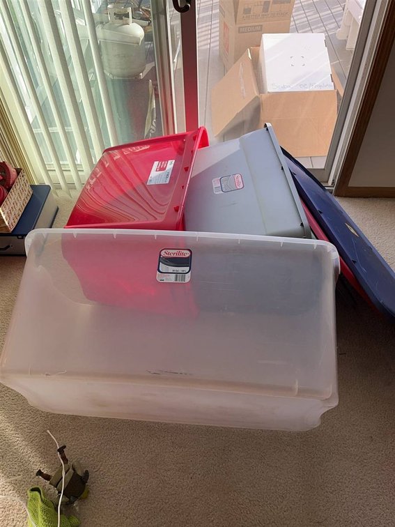 Three Storage Totes With Lids, One Cracked Tote