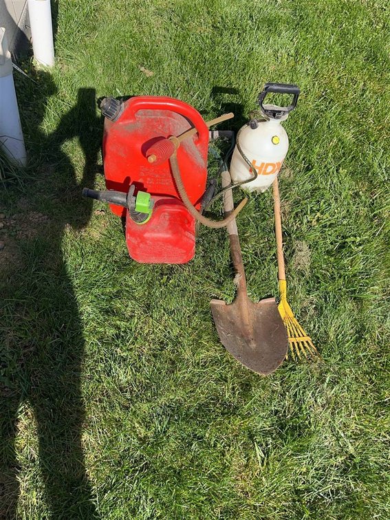 Gas Can, Sprayer, Shovel, Rake, Yard Stick Lot
