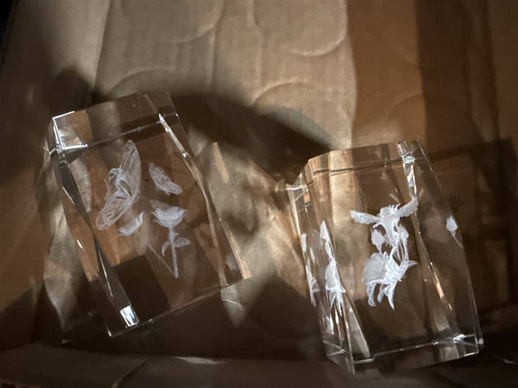 Etched Glass Reflection Cubes with Butterfly and Hummingbird