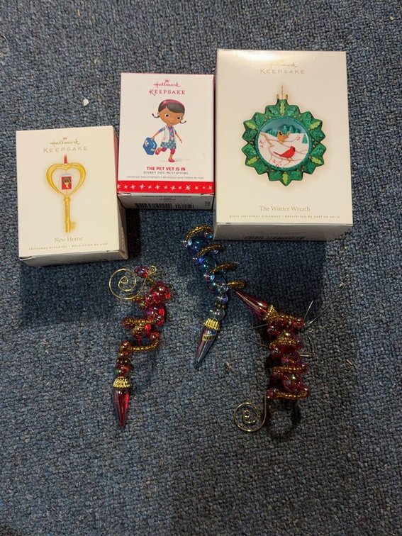 3 Hallmark Ornaments & 2 Spiral Ornaments