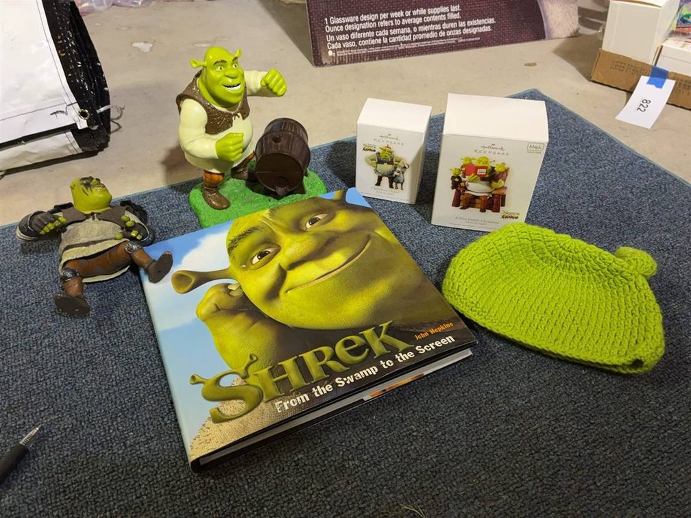 Shrek Figures, Hallmark Ornaments, Book, Hat