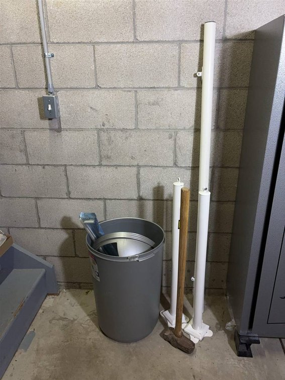 Sledgehammer, Bin With Lid, Poles, Yardstick Lot