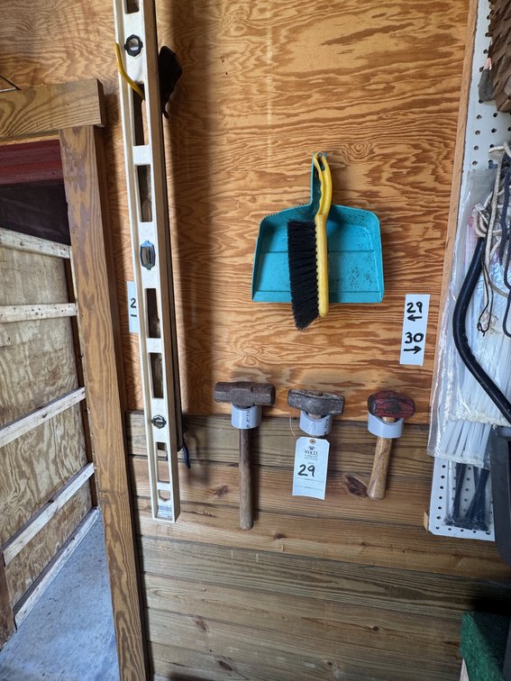 (3) Hammers, (2) Levels, Grabber, Dust Pan, and Broom