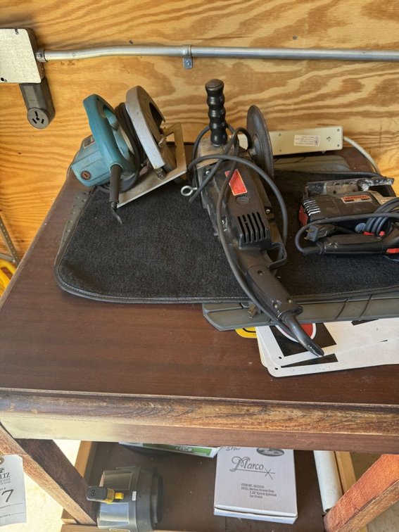 Wooden Roll Around Table with Grinder/Buffer, Jigsaw, Circular Saw and Small Vac and Truck Hitch