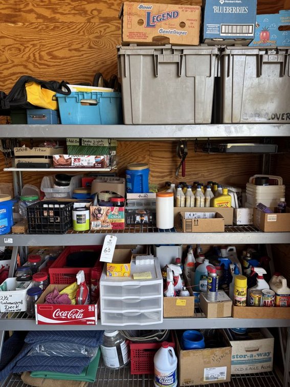 Grey Metal Shelves with Contents