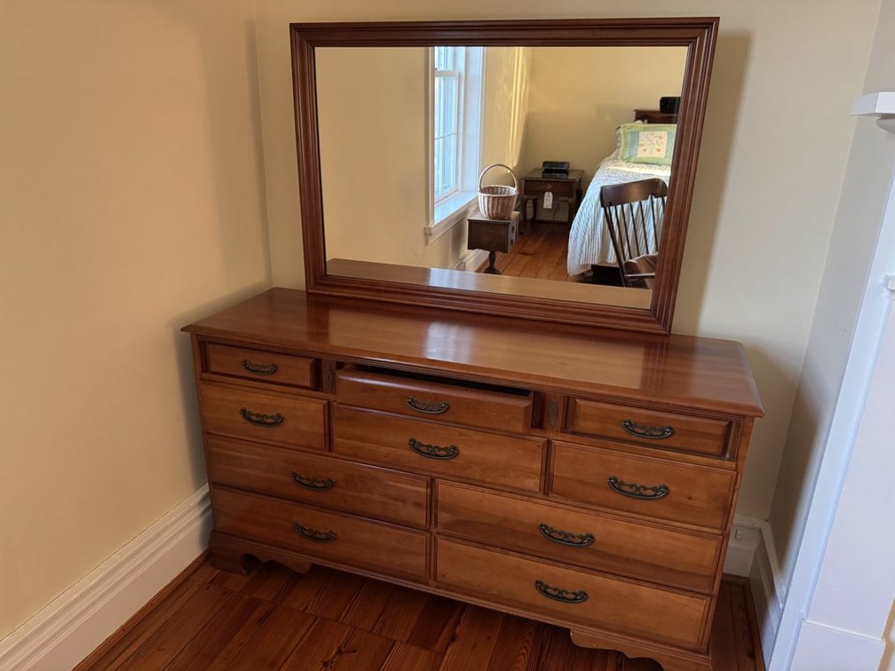 Queen Bed Set with King Mattress (Believe it's Cherry), Dresser with Mirror