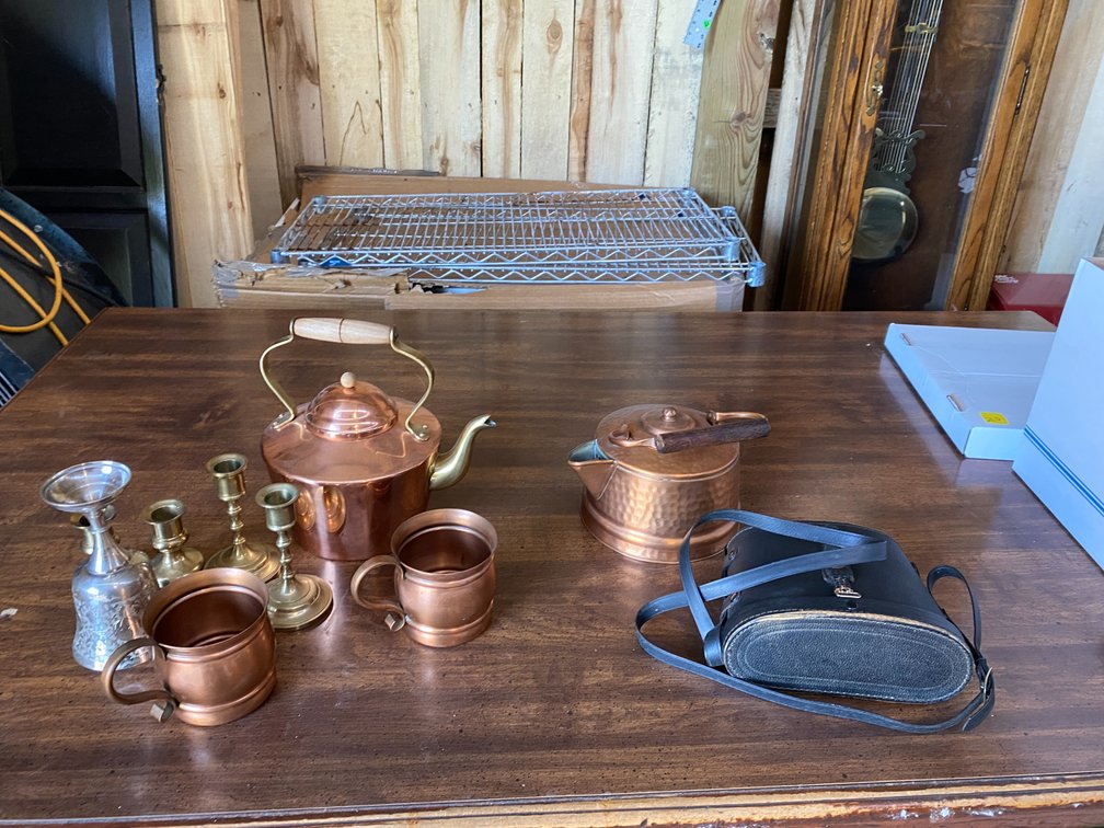 COPPER TEA KETTLES, CUPS, VINTAGE BINOCULARS