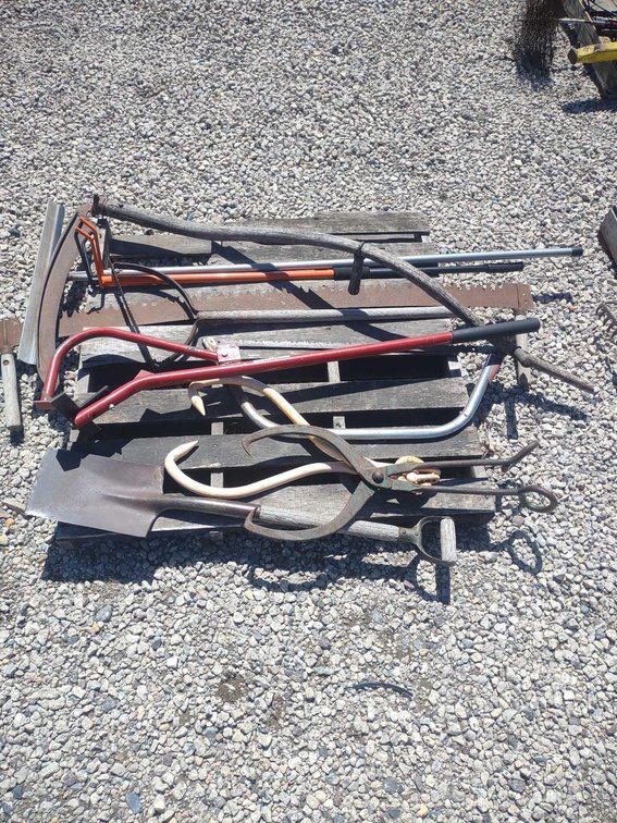 (I-15C) GARDEN & LAWN TOOLS, VINTAGE SAW, LOG ROLLER, SHOVELS & MORE