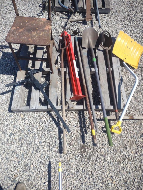 (I-30C) GARDEN & LAWN TOOLS, PITCH FORK, SHOVELS, POST HOLE DIGGER, FENCE STRETCHER, & MORE
