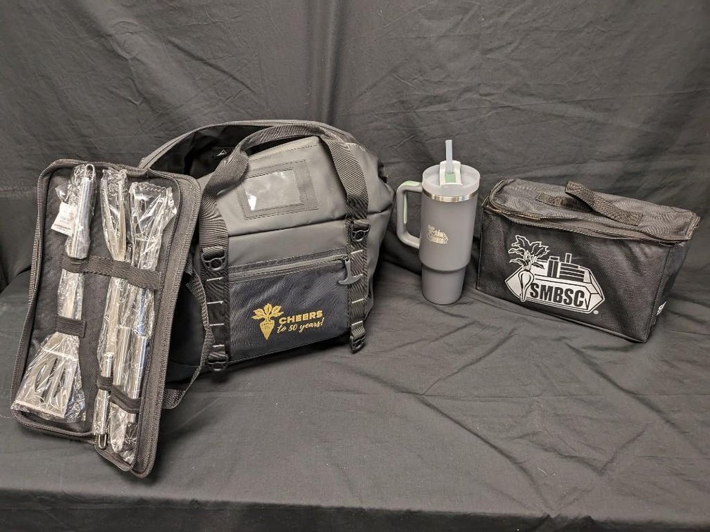 SOUTHERN MINNESOTA BEET SUGAR COOP OUTDOOR FUN PACKAGE. GRILL TOOLS, STANLEY THERMOS, YARD DICE