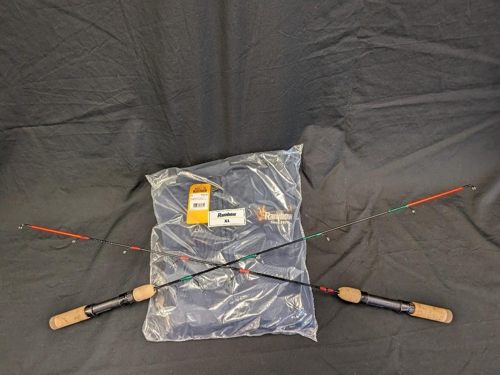 RAMBOW CARHARTT XL RAIN DEFEND LOOSE FIT HEAVYWEIGHT FULL ZIP SWEATSHIRT. TWO MEDIUM WEIGHT ICE FISHING RODS MADE BY MACCRAY STUDENTS.
