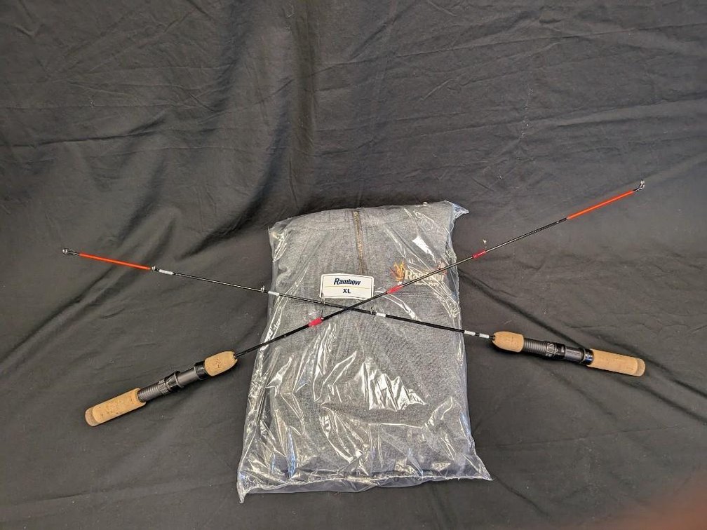 RAMBOW CARHARTT XL QUARTER ZIP HOODIE. TWO MEDIUM WEIGHT ICE FISHING RODS MADE BY MACCRAY STUDENTS.
