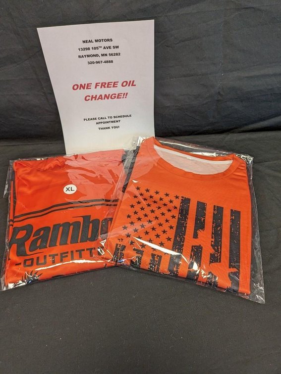 NEAL MOTORS ONE FREE OIL CHANGE. RAMBOW BLAZE ORANGE XL HOODIE AND LARG T-SHIRT.