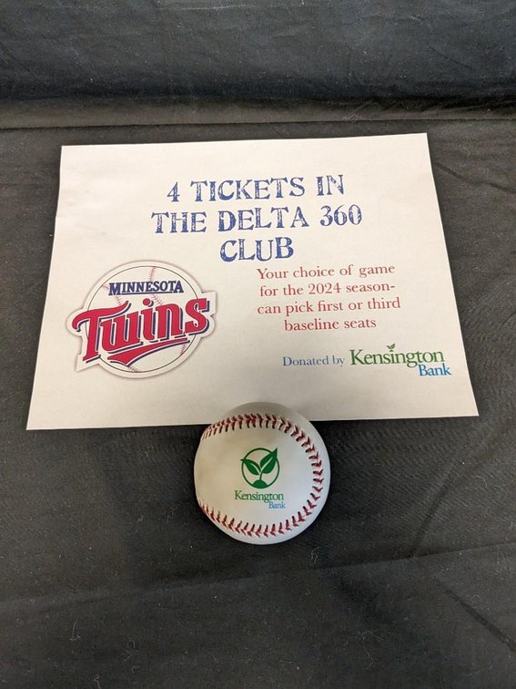 MN TWINS 4 TICKETS IN DELTA 360 CLUB AND BASEBALL DONATED BY KENSINGTON BANK