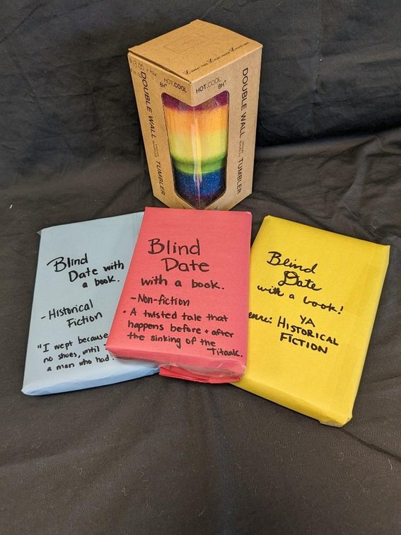 MYSTERY BOOK BUNDLE WITH TUMBLER. DONATED BY MACCRAY MIDDLE SCHOOL ENGLISH DEPARTMENT.