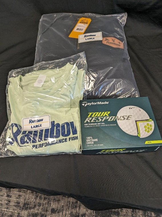 RAMBOW CARHARTT RAIN DEFENDER QUARTER ZIP SWEATSHIRT LARGE. RAMBOW LARGE T-SHIRT. 1 DOZEN TAYLOR MADE GOLF BALLS.