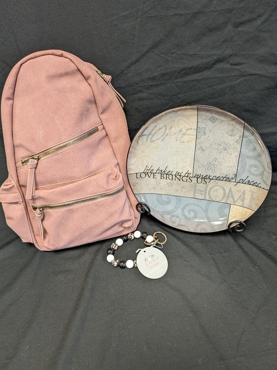 GRACE LACE BOUTIQUE BACKPACK, KEYCHAIN, AND DECORATIVE PLATE