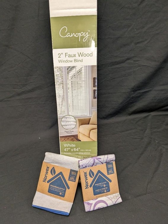 NORWEX WINDOW CLOTH AND ENVIRO CLOTH. FAUX WOOD BLIND 2" (WHITE, 47" X 64")