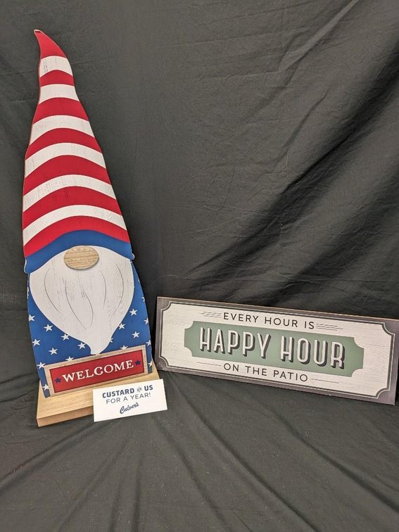 CULVER'S CUSTARD FOR A YEAR (12 COUPONS FOR FREE PINT OF CUSTARD). GNOME AND HAPPY HOUR SIGNS.