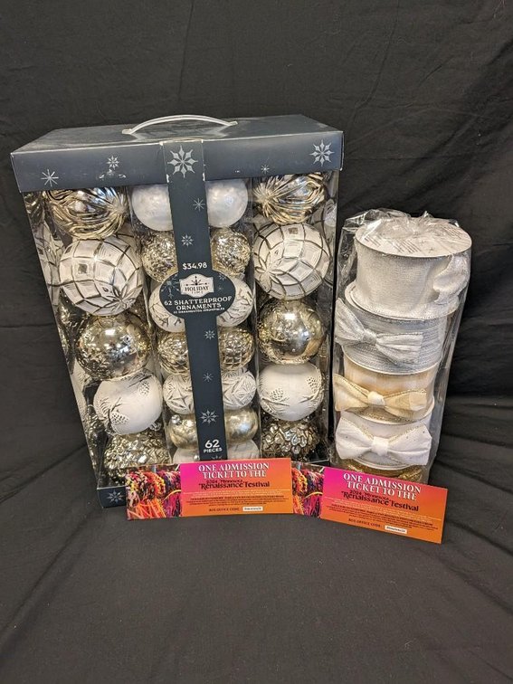 RENAISSANCE FESTIVAL 2 ADMISSION TICKETS. CHRISTMAS BULB AND RIBBON DÉCOR