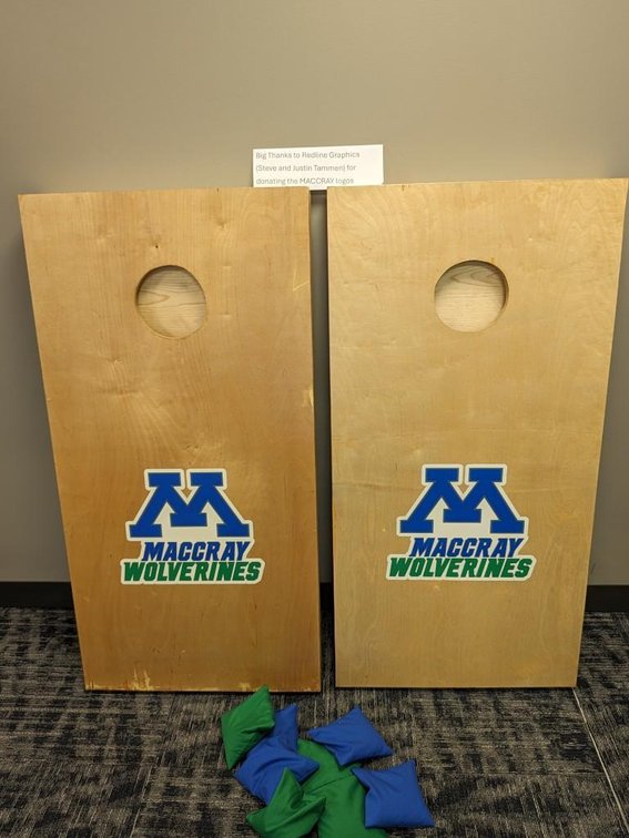 MACCRAY BEAN BAG BOARDS DONATED BY KEN AND JAN BEYERL. LOGO DONATED BY REDLINE GRAPHICS.