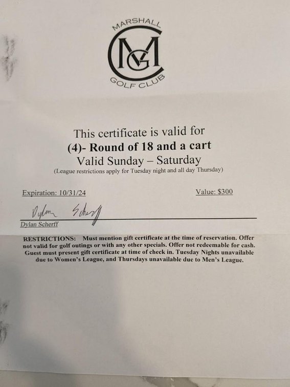 MARSHALL GOLF CLUB 4 ROUNDS OF 18 AND A CART
