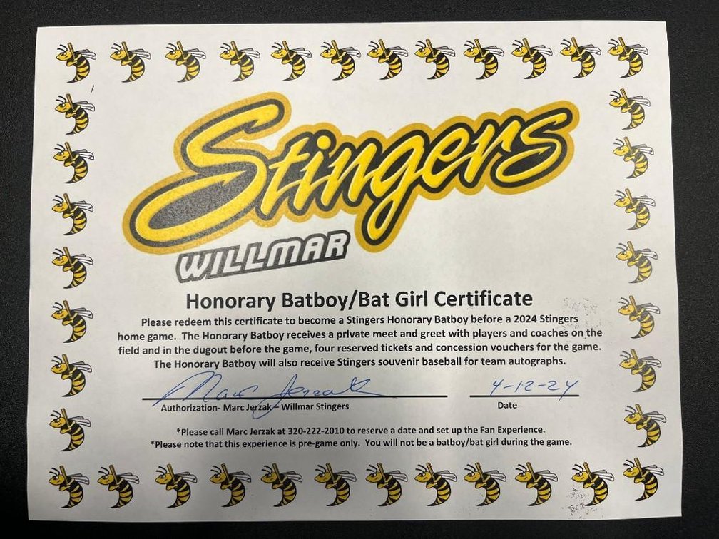 WILLMAR STINGERS BAT BOY/BAT GIRL CERTIFICATE