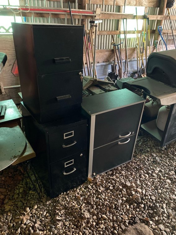 [2] 2-DRAWER BLACK FILE CABINETS AND OVERHEAD CUPBOARD