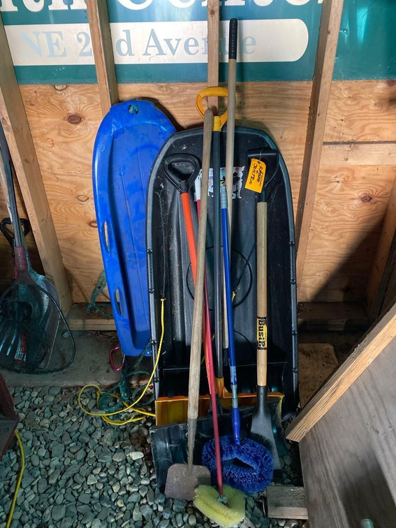 [2] PLASTIC SLEDS, [2] SNOW SHOVELS, [2] ICE CHISELS, AND MORE