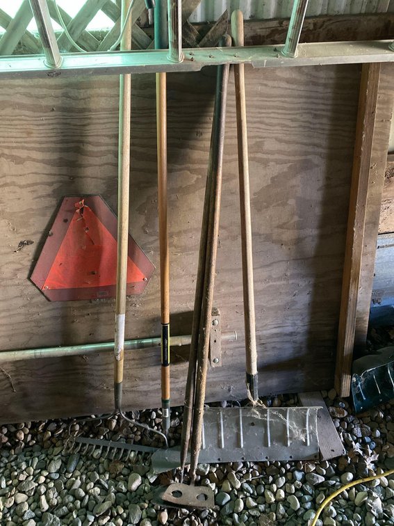 METAL RAKE, SNOW SHOVEL, AND [3] HOES