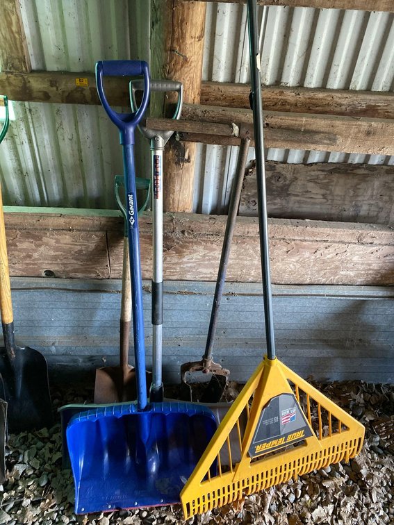 [2] SNOW SHOVELS, LEAF RAKE, SPADE, AND POST HOLE DIGGER
