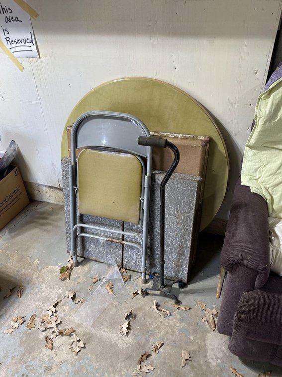 FOLDING TABLES, CHAIR, AND A CANE