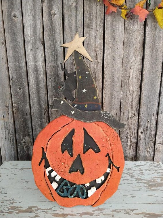 FALL PUMPKIN WOODEN DECORATION. SELF STANDING WOODEN PUMPKIN THAT HAS LIGHTS. BATTERIES INCLUDED