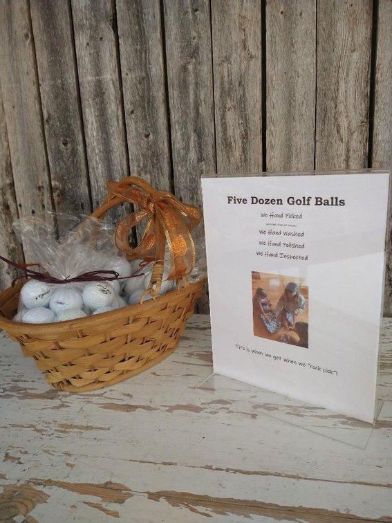 FIVE DOZEN GOLF BALLS. HAND PICKED, HAND WASHED, HAND POLISHED, AND HAND INSPECTED.
